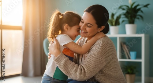 Cute little girl hugging her mother. Loving family at home. Happy parent and kid. Family support, care, and autism awareness concept.