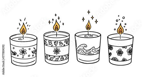 Hand drawn decorative candles with unique patterns and flickering flames