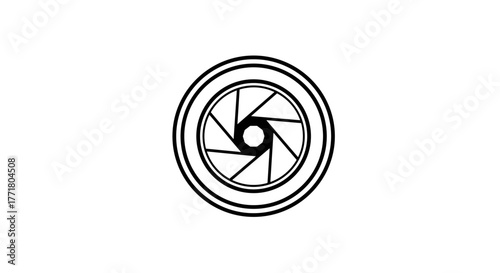 Minimalist camera lens icon with aperture design on white background
