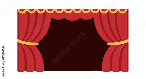 Red theater curtains on stage with golden accents in flat design