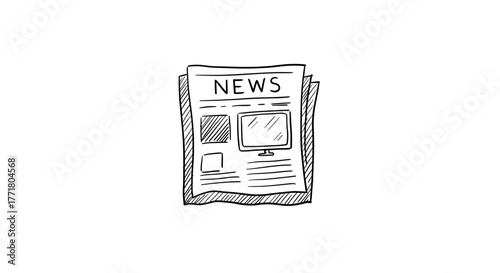 Hand drawn newspaper with computer screen and text