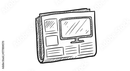 Sketch style icon of a newspaper with computer monitor displayed on front page