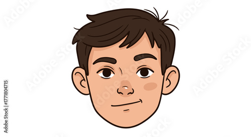 Smiling boy cartoon face with brown hair on white background