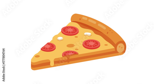 Flat style pepperoni pizza slice with cheese and tomato toppings