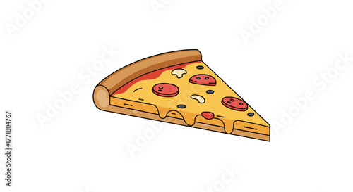 Cartoon slice of pepperoni pizza with melting cheese on white background