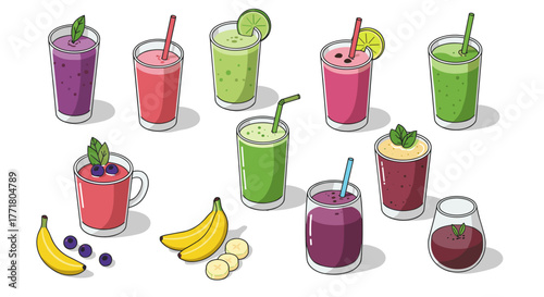 Colorful fruity smoothies with bananas and berries in playful cartoon style