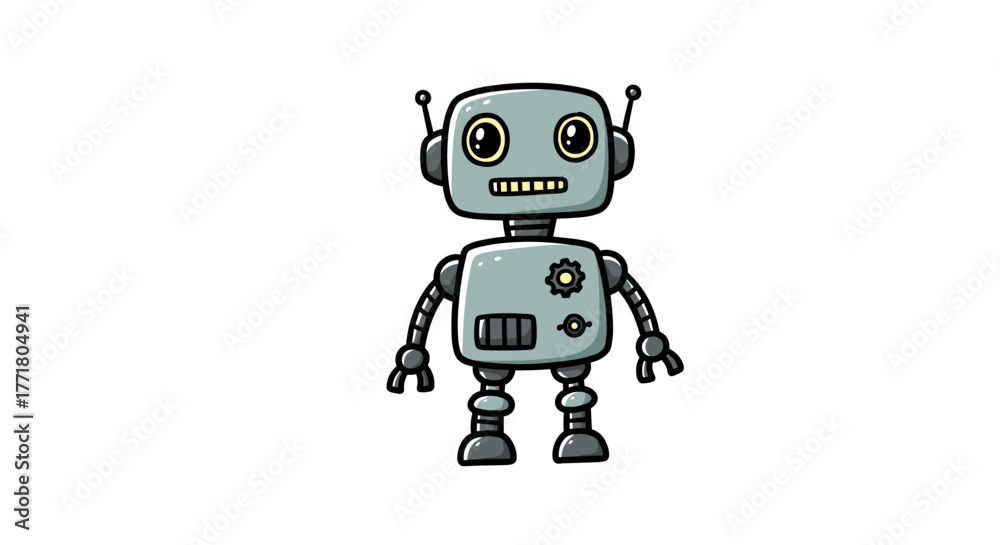 Obraz premium Cute cartoon robot with gears and antenna on white background
