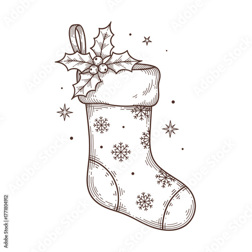 Christmas stocking decorated with holly and snowflakes in line art  