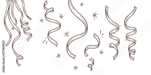 Decorative party streamers in playful style on white background  