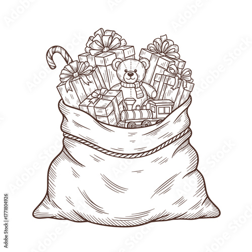 Sack filled with gifts, teddy bear and candy cane  
