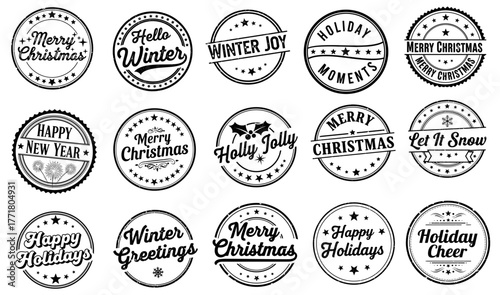 Vintage circular badges with holiday and winter-themed designs  
