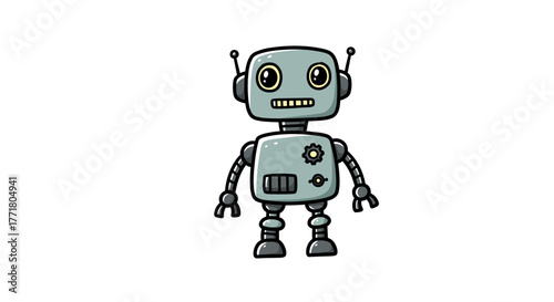 Cute cartoon robot with gears and antenna on white background
