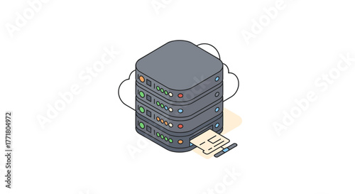 Modern isometric data server stack with cables and secure data transfer card