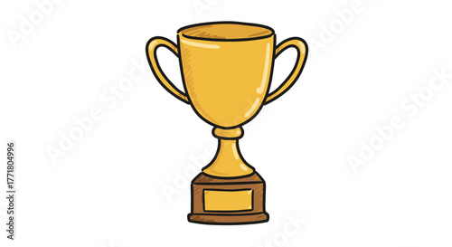Hand drawn gold trophy cup with handles on wooden base