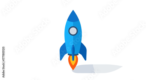 Blue rocket with shadow on white background minimalist flat design
