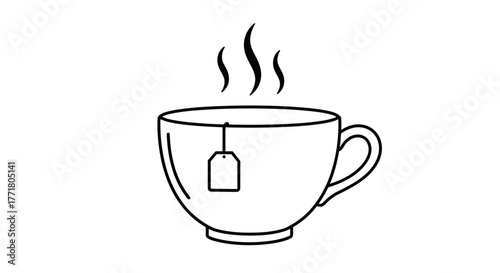 Minimalist tea cup drawing with steam and tea bag outline