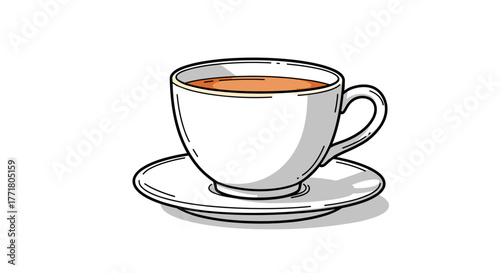 Detailed linear porcelain coffee cup with saucer on white background