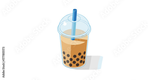 Isometric bubble tea with straw on white background