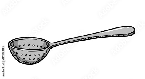 Hand drawn metal kitchen strainer with long handle in vintage style