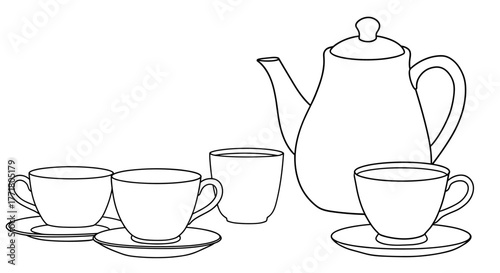 Minimalist tea set with teapot and cups in outline style