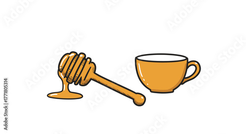 Honey dipper and cup in vintage style with minimalist design