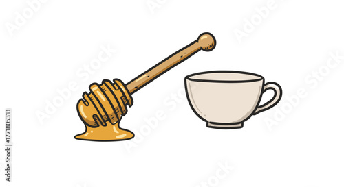 Handdrawn honey dipper with tea cup on white background