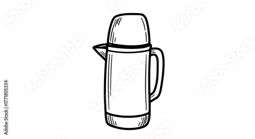 Handdrawn thermos flask icon with lid and handle for hot drinks