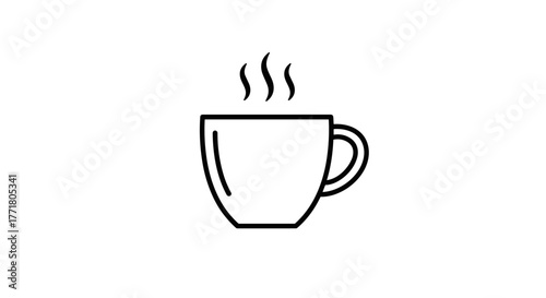 Minimalist coffee cup with steam icon in black and white line style