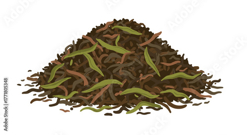 Freshly picked dried loose leaf black tea with white background