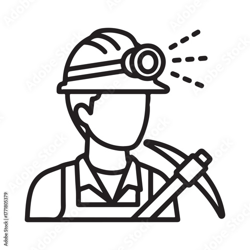 Outline Vector Icon of a Miner with Helmet, Headlamp, and Pickaxe