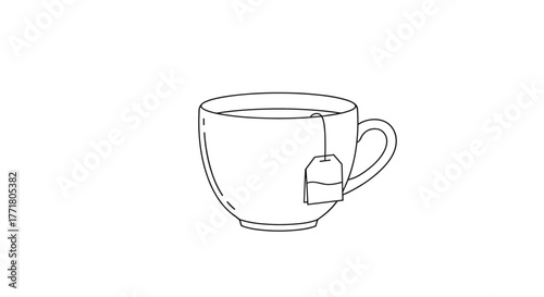 Linear drawing of a tea cup with tea bag for minimalist beverage design concepts