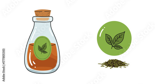 Herbal tea glass jar with green leaf label and loose leaves on white background