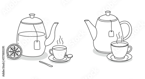 Minimalist tea time concept with teapots and cups