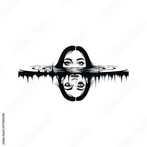 Surreal black and white illustration of a woman s face emerging from water with an inverted reflection