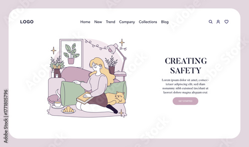 Woman Relaxing with Book and Cat Vector Illustration