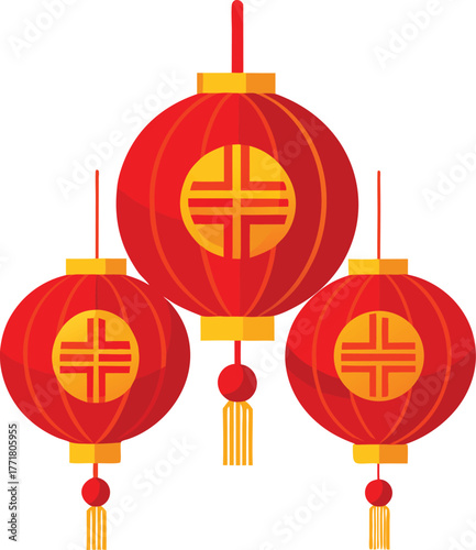 Traditional chinese red lanterns with golden ornaments symbolizing luck and prosperity for celebrations