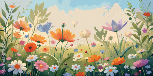 Red poppies and orange tulips bloom vibrantly in a sunny spring field, showcasing the beauty of nature's colorful garden