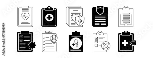 Medical diagnosis report icon set. Healthcare checkup stethoscope, heartbeat, plus, cross, gear, settings, mark, service, design. analysis clipboard prescription document collection outline black silh