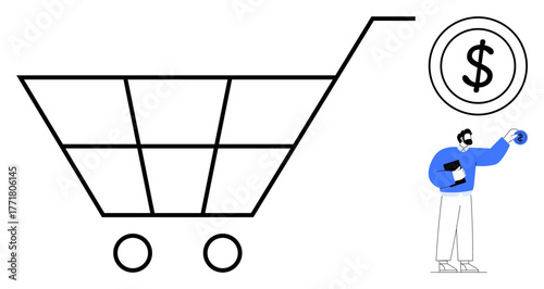 Shopping cart icon with figure holding dollar coin, representing digital purchases, e-commerce, and payment systems. Ideal for retail, budgeting, savings, finance, online trade business growth