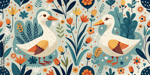 A beautiful vector illustration featuring a seamless pattern of peacock feathers and other wildlife birds with a nature-inspired drawing and artistic design