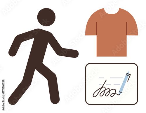 Silhouette of walking person, orange t-shirt, and signature with pen. Ideal for topics thumbs up motion, clothing, branding, agreements, identity, personal expression simple flat metaphor