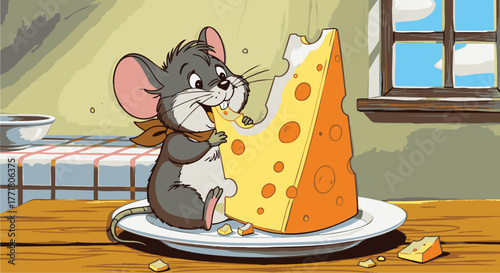 Whimsical cartoon illustration of a joyful mouse savoring a large slice of Swiss cheese on a plate in a rustic kitchen setting