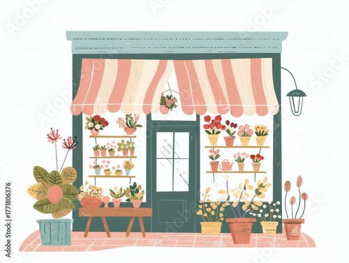 Colorful cute flower store building illustration, AI generated