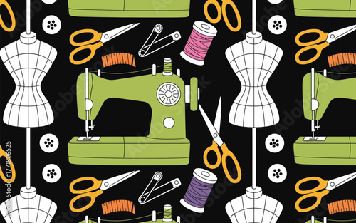 Sewing pattern with machine mannequin buttons and accessories