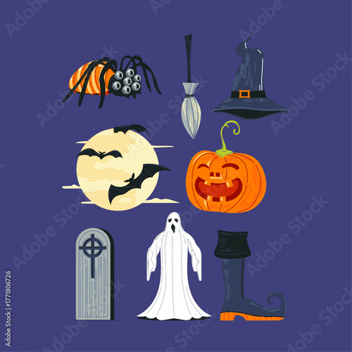 Halloween Icons Set Ghost, Pumpkin, Spider, Witch Hat, Broom, Tombstone, and Bat