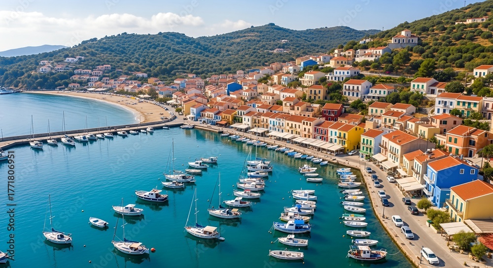 Fototapeta premium Vibrant Coastal Village: Colorful Greek Houses Overlooking a Serene Turquoise Harbor