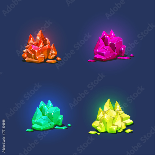 collection of glowing crystals in various vibrant colors on a dark background