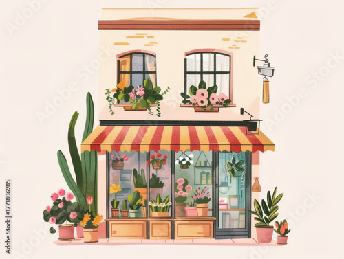 Colorful cute flower store building illustration, AI generated