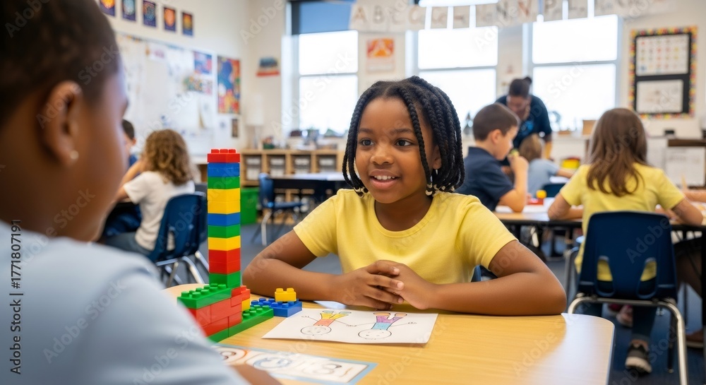 Fototapeta premium African american girl with building blocks in classroom. Child learning and playing. World Autism Awareness Month for support.