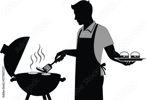 Silhouette of a man grilling burgers on a barbecue with a tray of finished burgers vector illustration